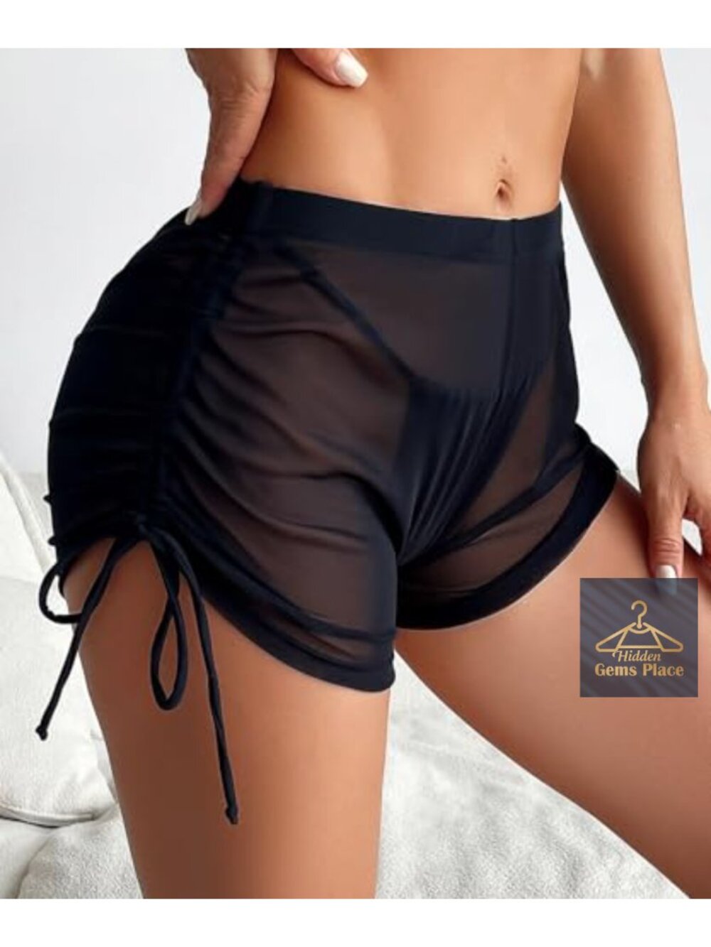 Women's Sheer Swim Cover Up Shorts Side Drawstring Beach Bikini Bottoms - Picture 2 of 3
